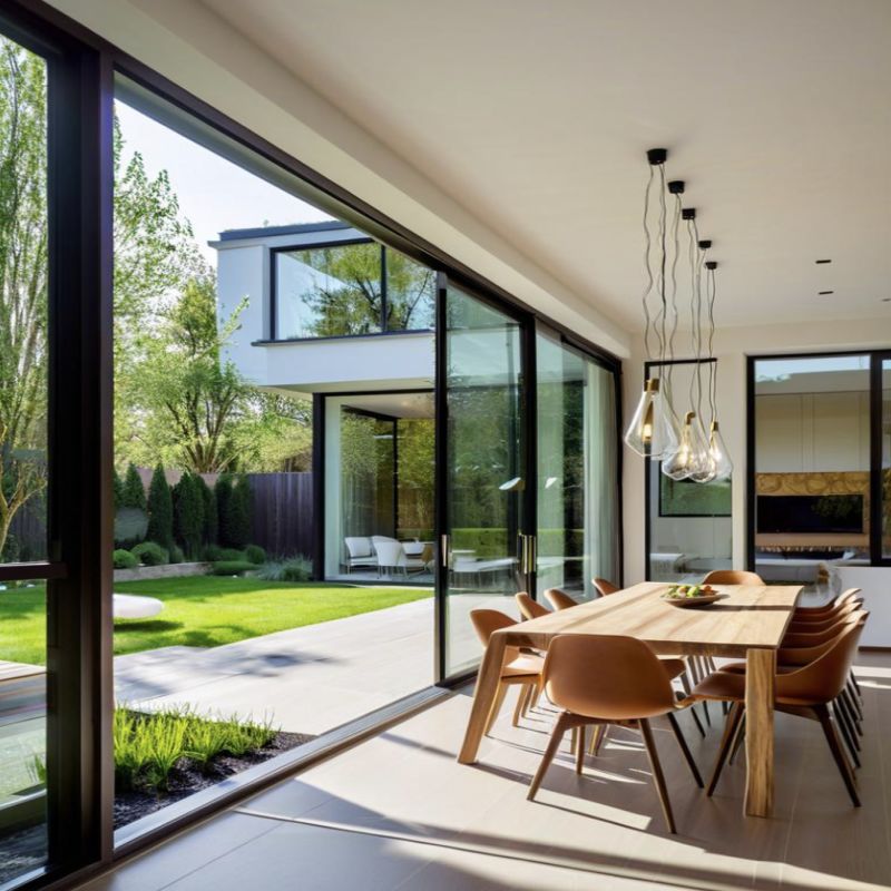 Porta scorrevole a doppio vetro in alluminio con elevata trasmissione della luce e più binari per patio